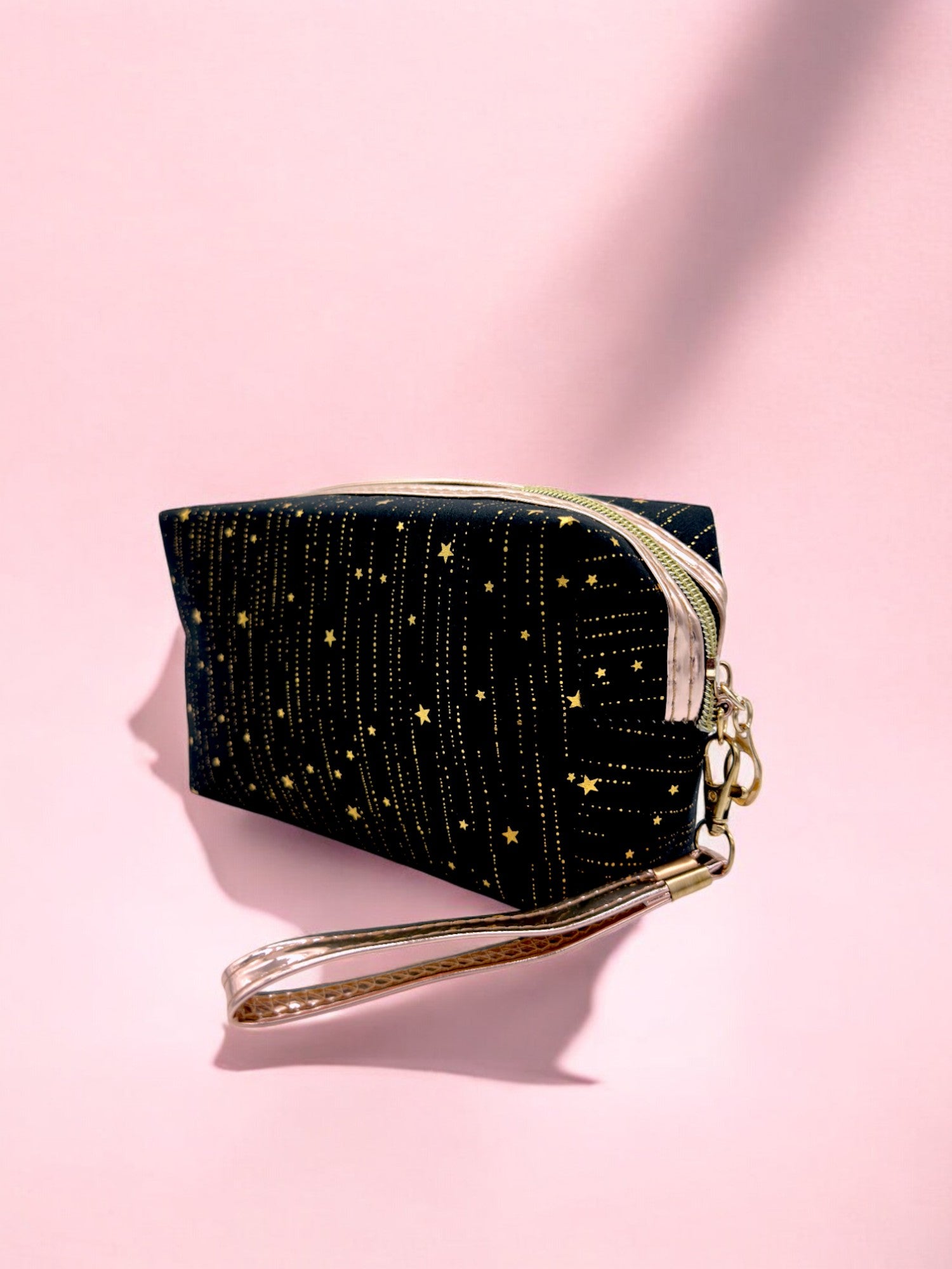 Black Large sparkly pencil case with waterproof lining and rose gold strap for stationery