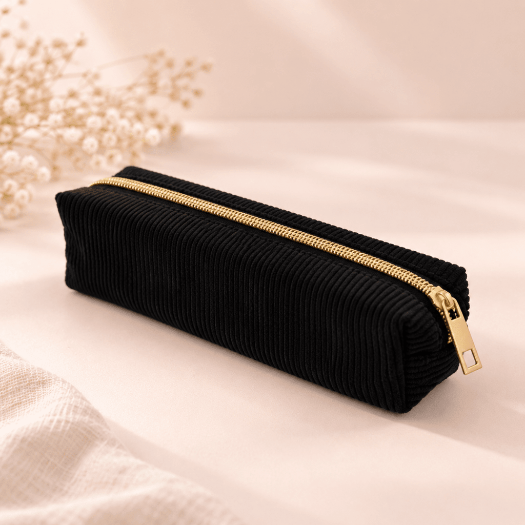 Black velvet pencil case with gold zip, included in the Pen Lovers Bundle