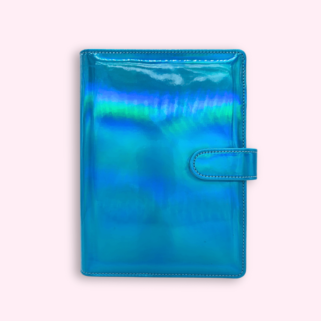 Blue Holographic A5 bullet journal cover with rainbow effect and PU leather interior
