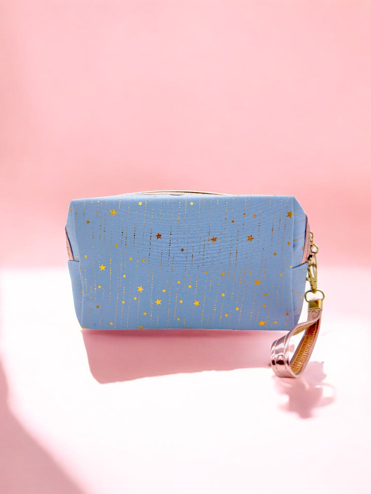 Blue Large sparkly pencil case with waterproof lining and rose gold strap for stationery