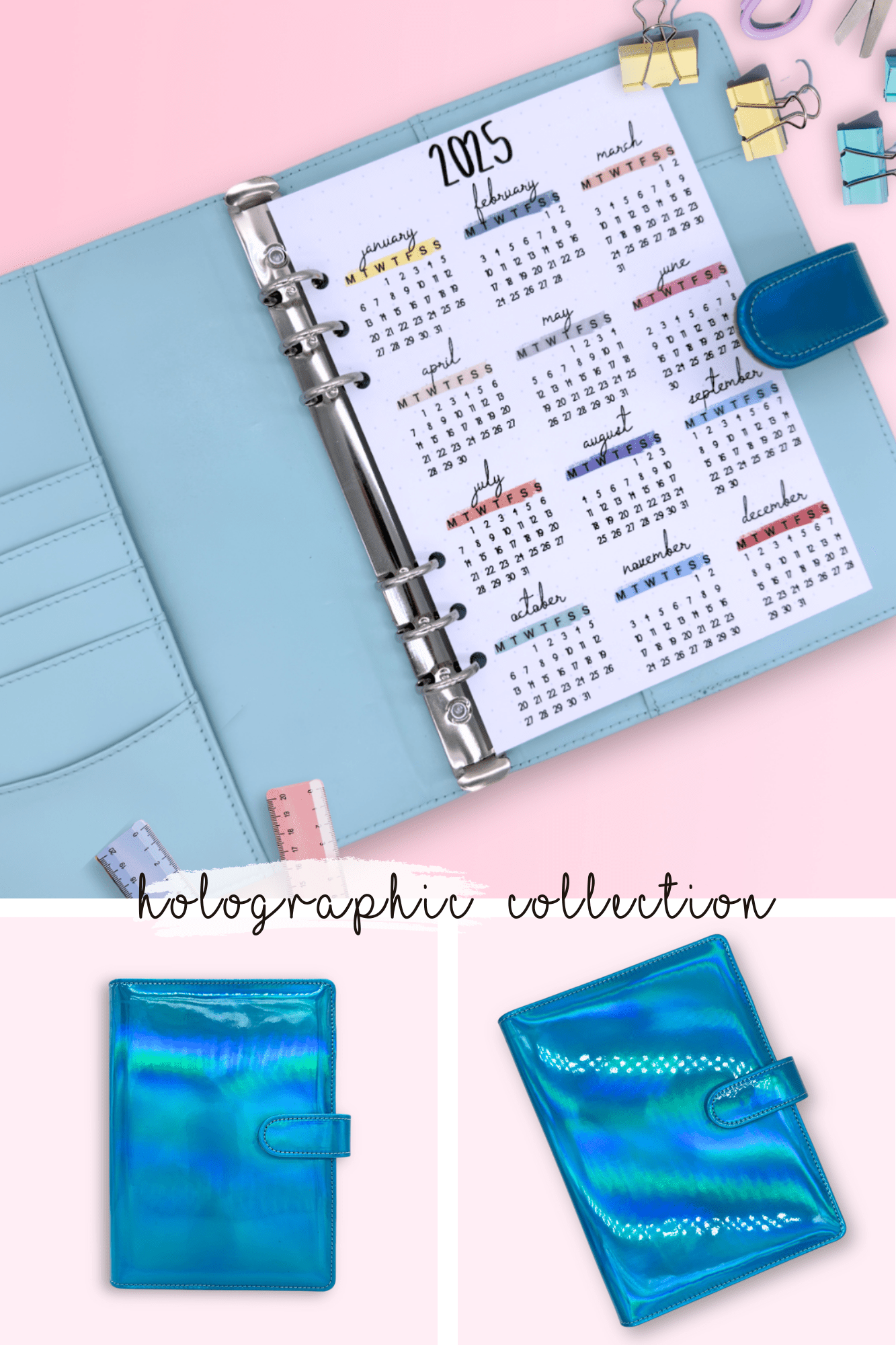 Blue holographic A5 journal cover with card slots, pockets, and holographic rainbow design