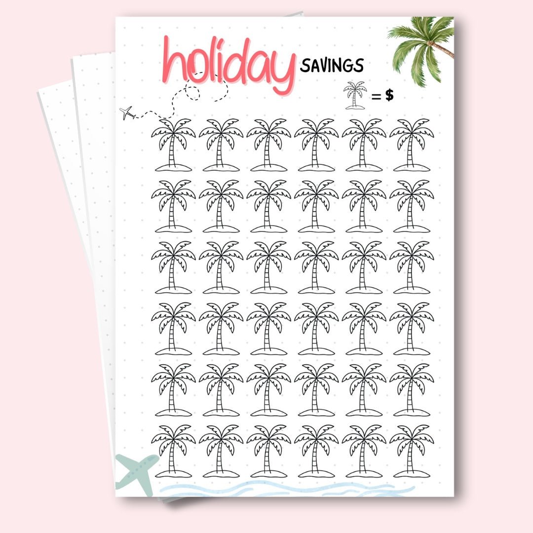 Sheet of palm tree planner stickers with 'holiday Savings' text on a pink background