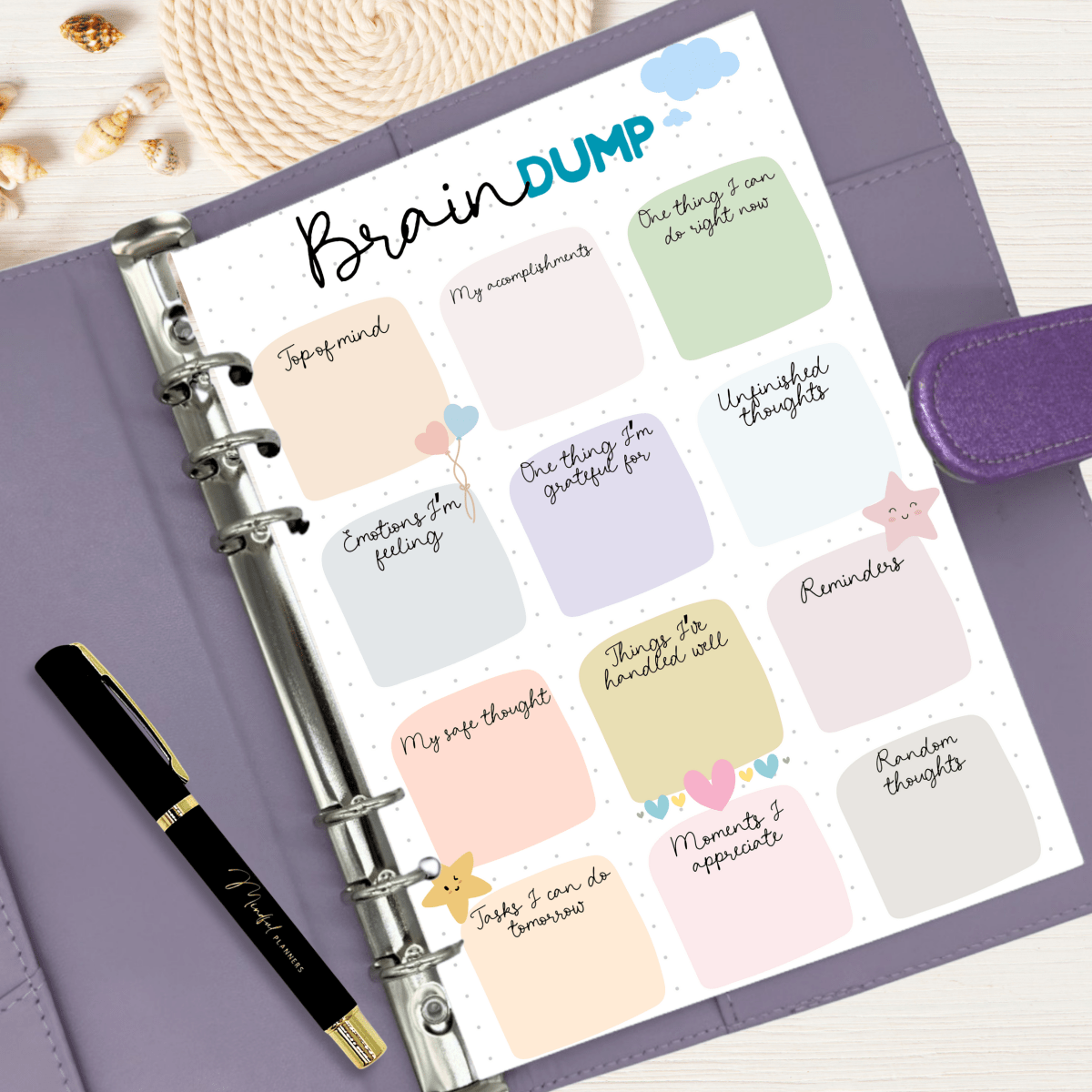 Sheet of planner stickers titled 'Brain Dump' with various categories on a purple planner.