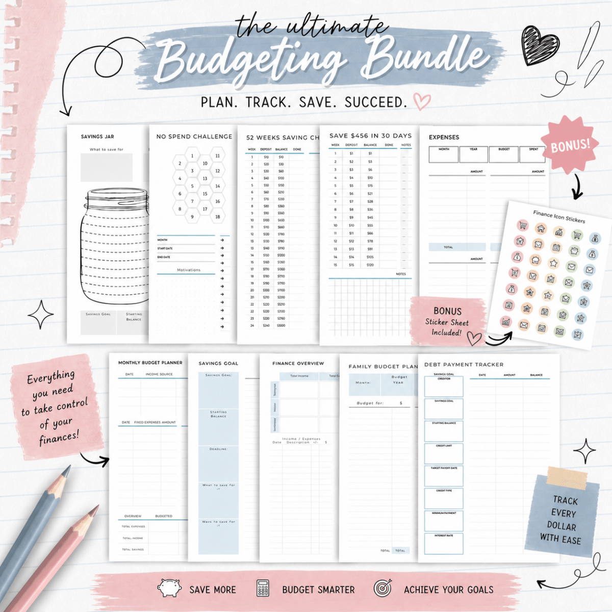 Budget planner A5 bundle contents showing savings tracker pages,
  debt tracker and Finance Icon Sticker Sheet — Mindful Planners