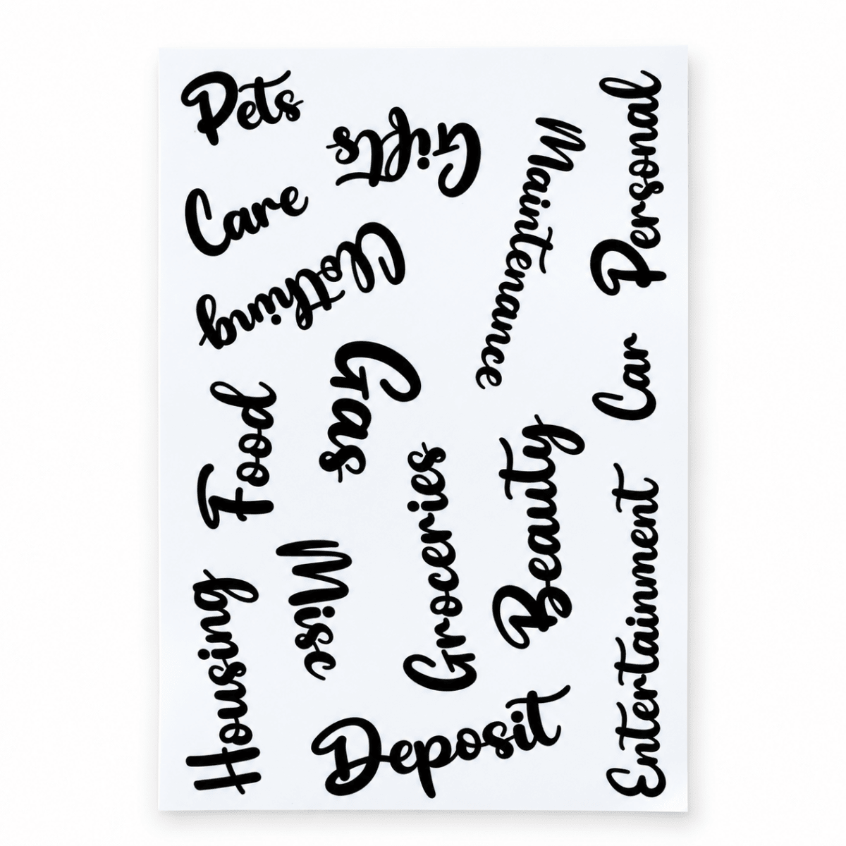 A white rectangular sheet featuring various black handwritten-style words and phrases such as Pets, Care, Gas, Groceries, Beauty, Entertainment, and Maintenance, shown against a plain white background.