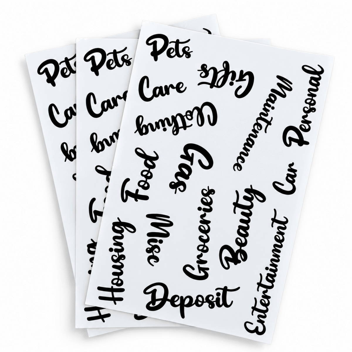 Three sheets of black vinyl decals with cursive text labels on a white background, including categories like Pets, Food, Groceries, and Entertainment.