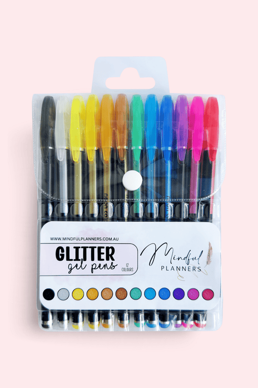 A set of glitter gel pens in pastel colours for journaling and creative writing in Australia