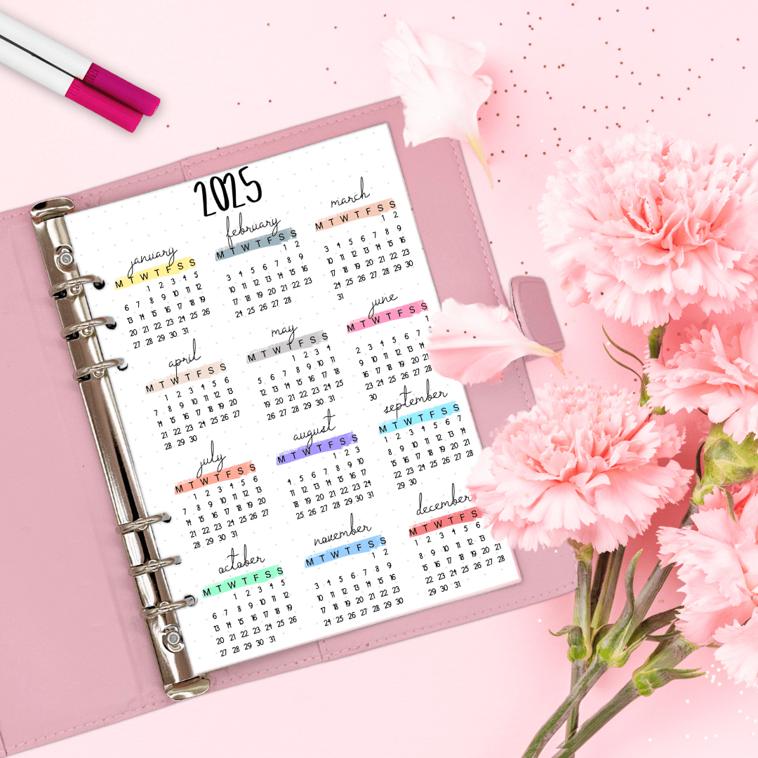 Bullet journal yearly spread featuring 2025 calendar