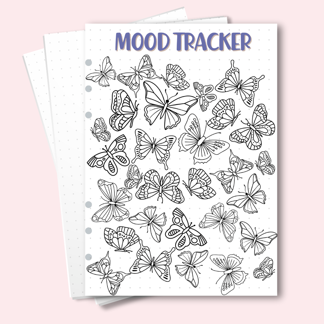 Butterfly-themed mood tracker page for June with 31 butterflies to colour