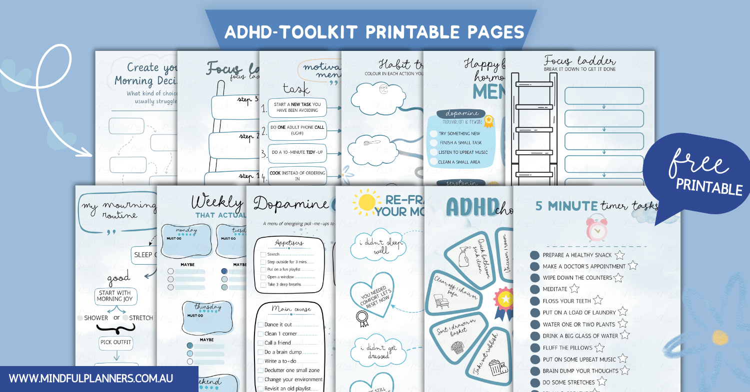 Collection of ADHD toolkit printable pages on a blue background