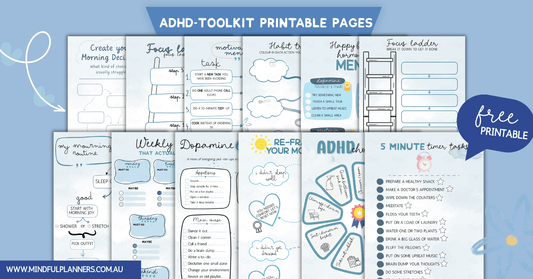 Collection of ADHD toolkit printable pages on a blue background