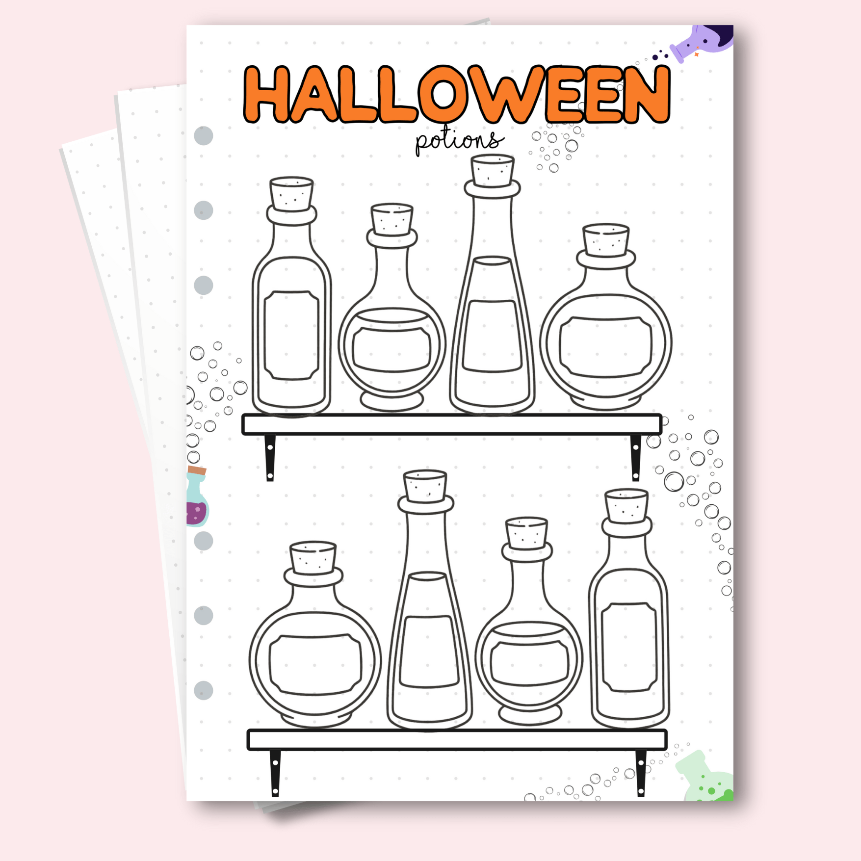 Colourable Halloween potions page for mindfulness journals and wellness planners.