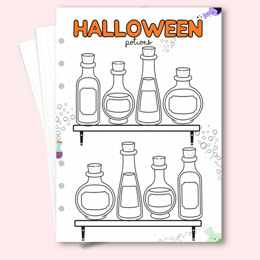 Colourable Halloween potions page for mindfulness journals and wellness planners.