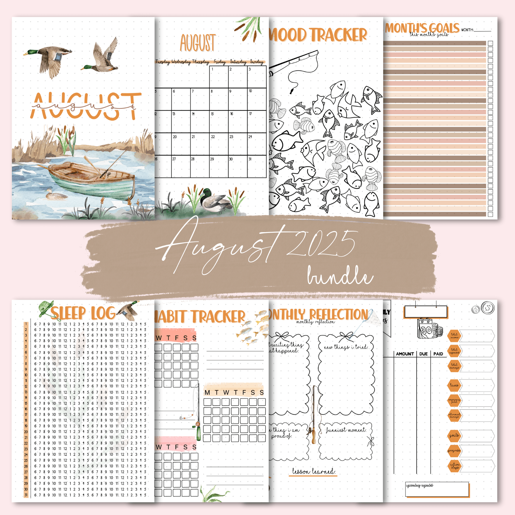 Complete A5 August 2025 journal pages bundle with 8 coordinated inserts