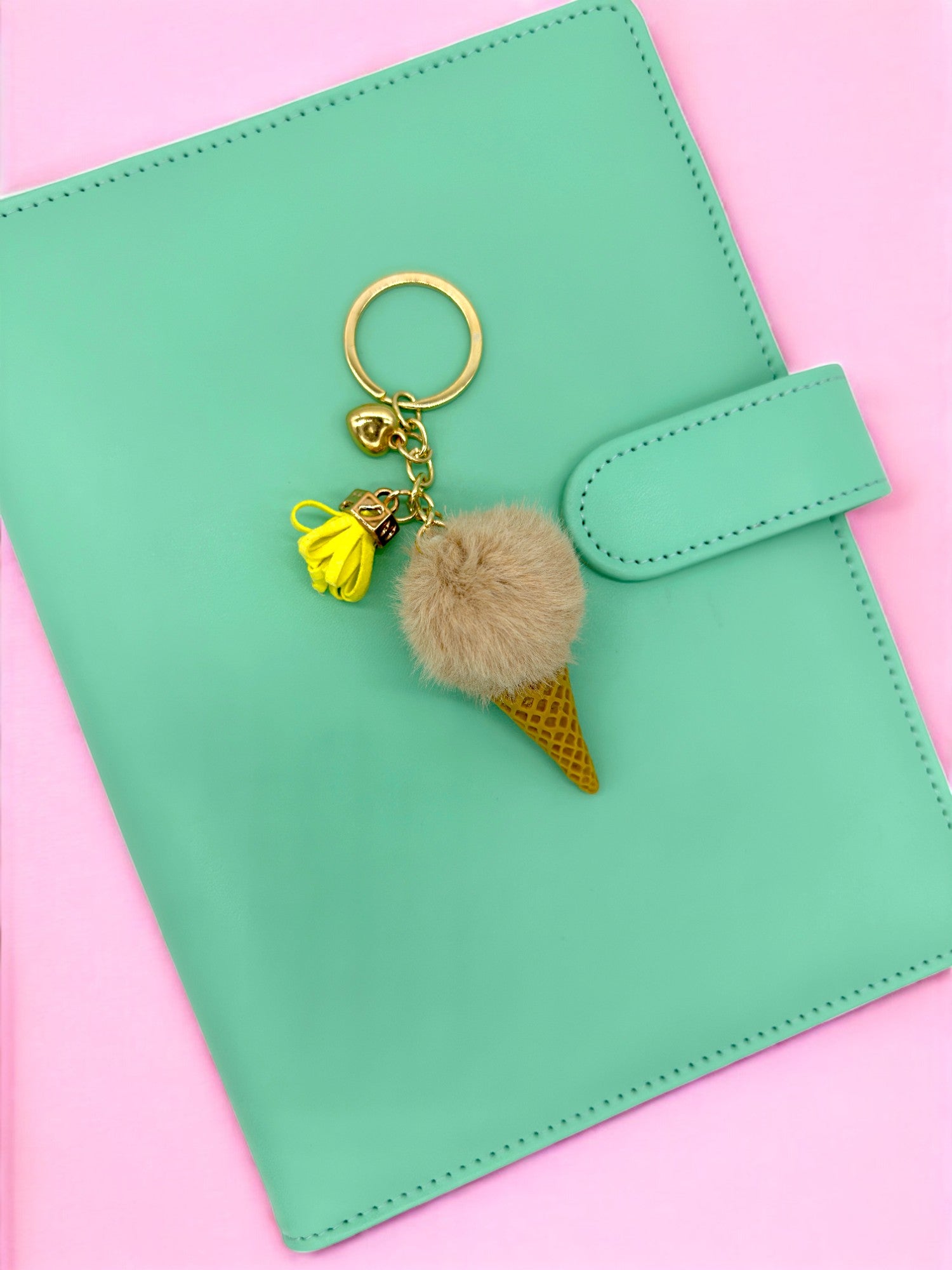 Cream Fluffy ice cream cone keychain for your journal and keys