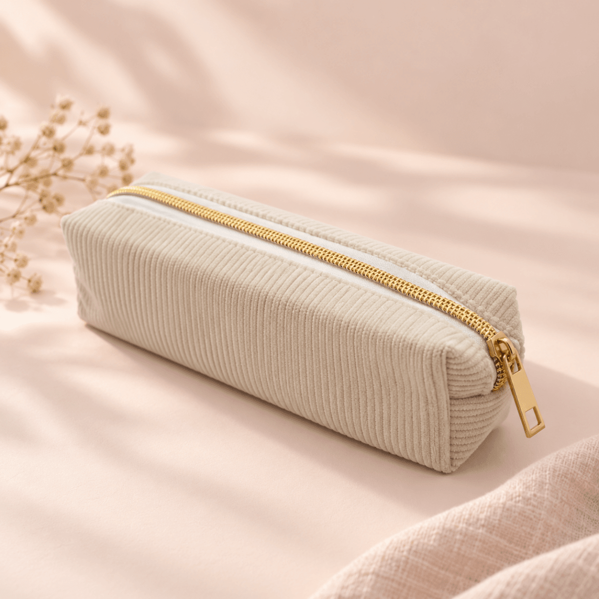 Beige velvet pencil case with gold zip, included in the Pen Lovers Bundle