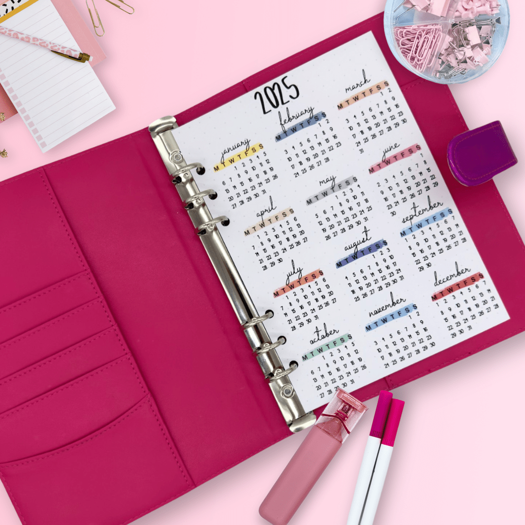 Customisable pink holographic planner cover with 6-ring binder and reflective rainbow finish