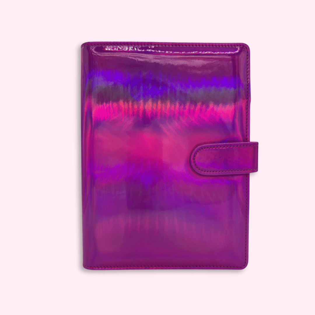 Customisable planner cover with 6-ring binder and reflective rainbow finish