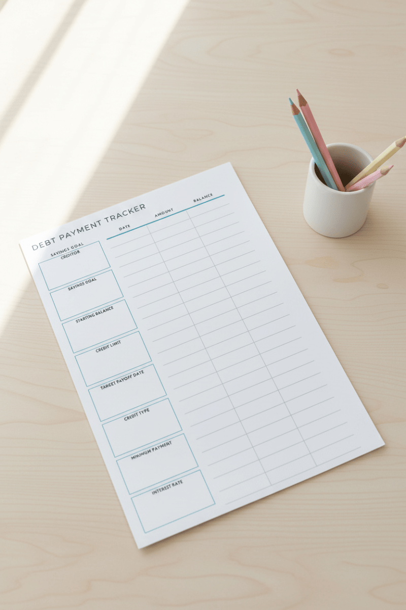 Debt payment tracker and finance overview A5 budget journal
pages open on wooden desk