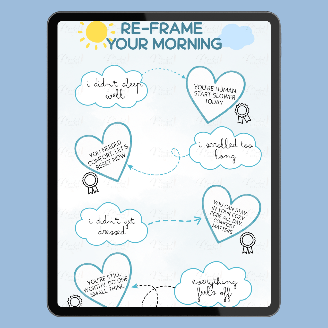 Digital display of 'Re-frame Your Morning' with motivational messages on a blue background