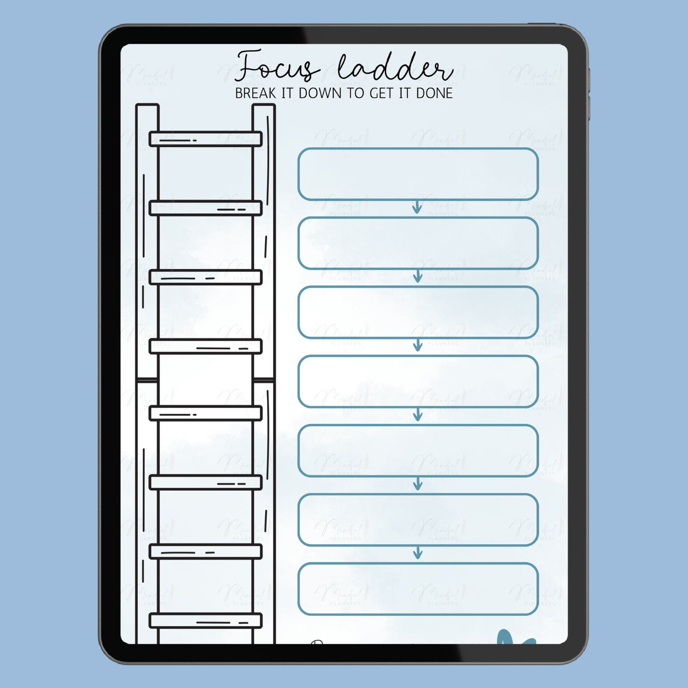 Digital planner page with a focus ladder design on a blue background
