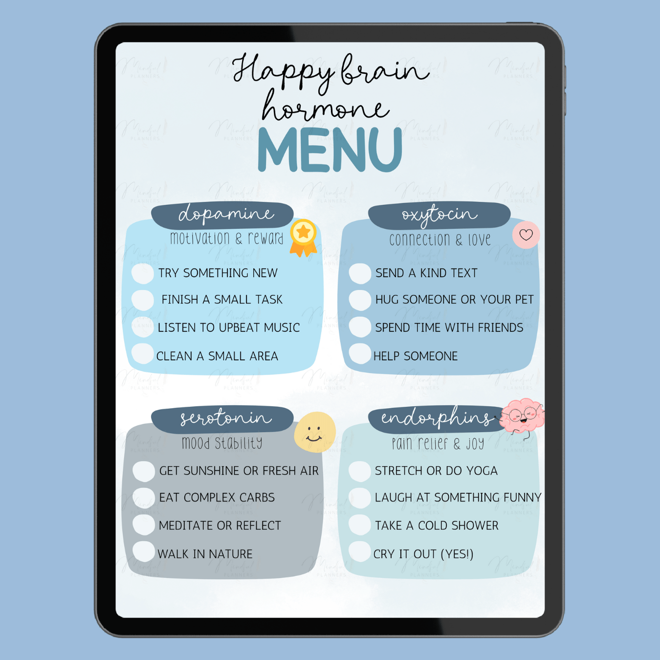 Digital tablet displaying a 'Happy Brain Hormone Menu' on a blue background