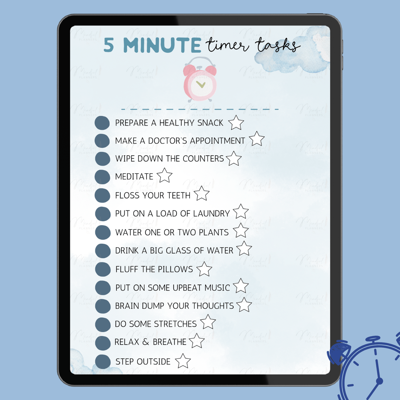 Digital tablet displaying a list of '5 Minute Timer Tasks' on a blue background with clock graphics.