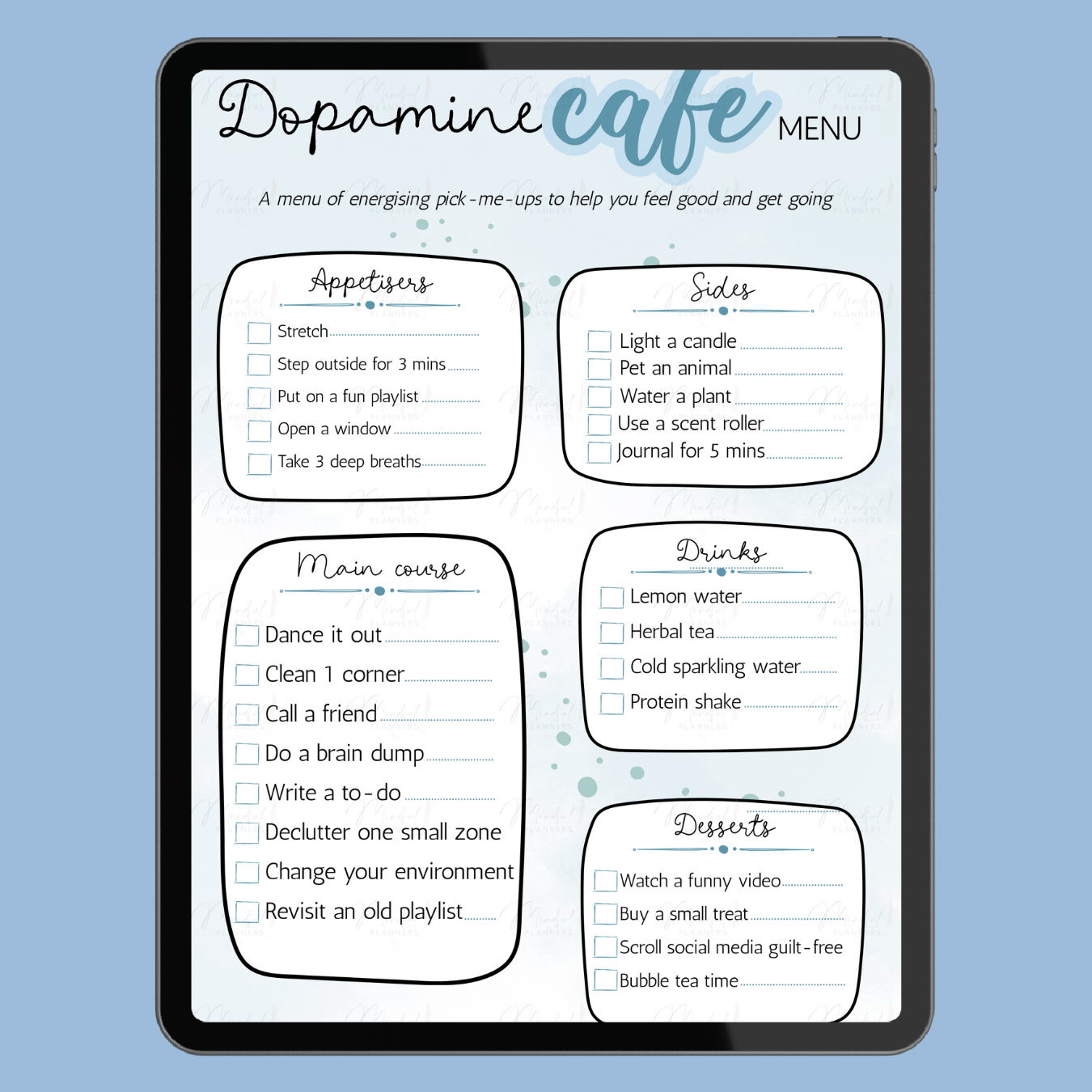 Digital menu titled 'Dopamine Cafe' on a tablet screen with a blue background