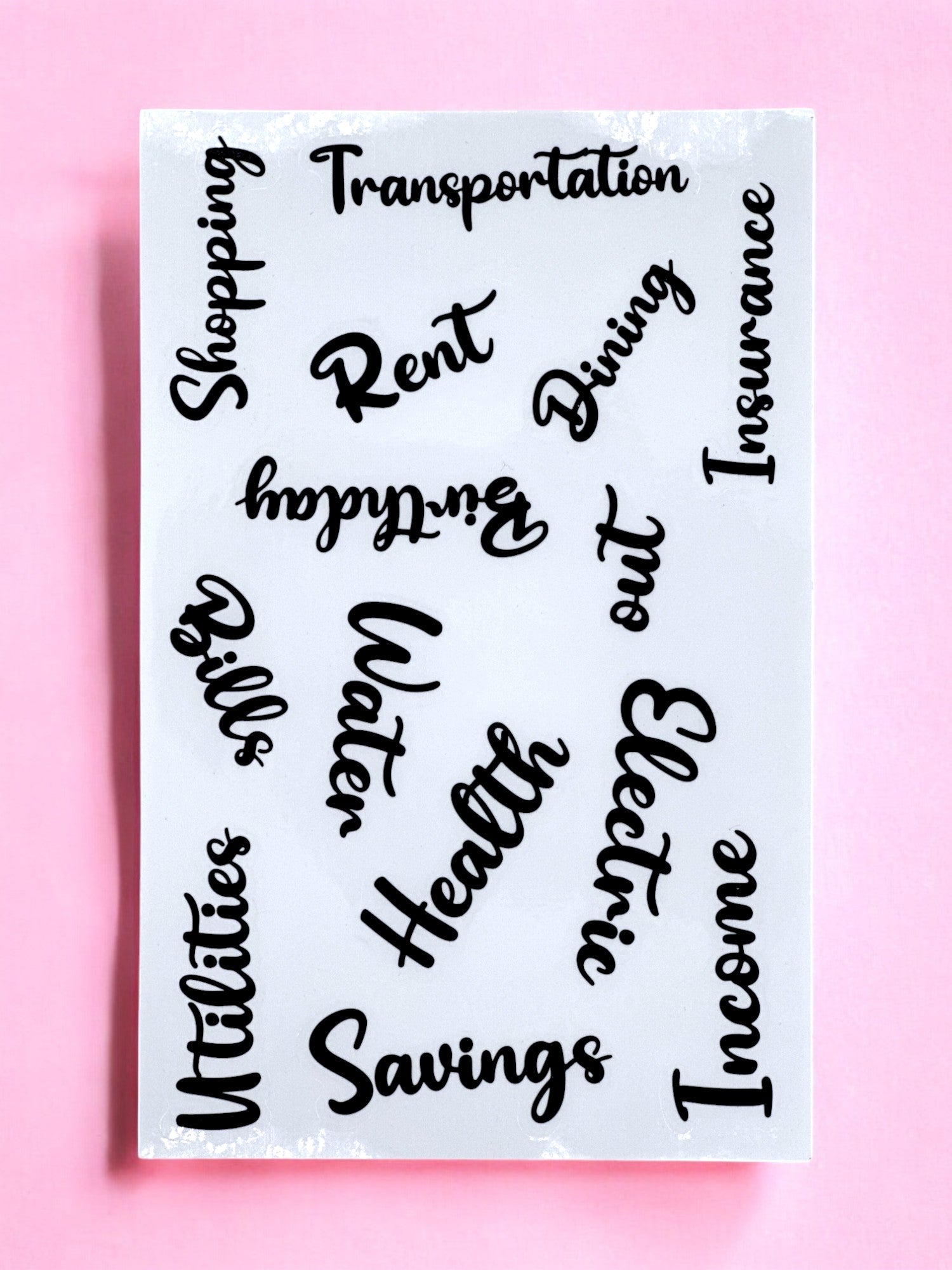 Durable A5 sticker sheet with labels like Rent, Utilities, and Groceries for budgeting journals.​