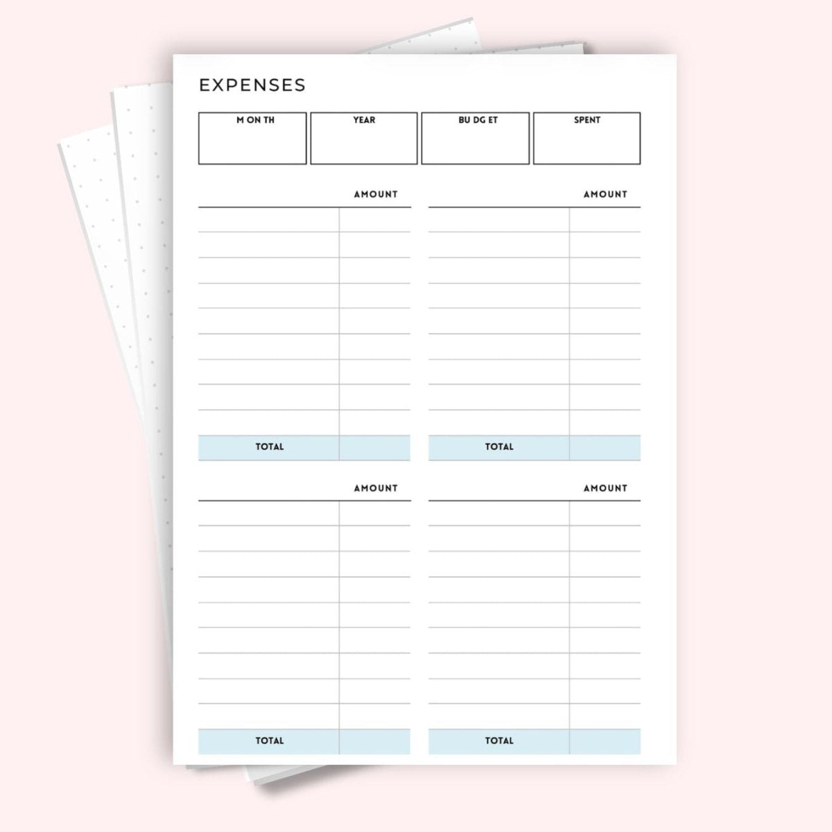 Expenses tracker A5 budget journal page — four-column monthly
spending log by Mindful Planners