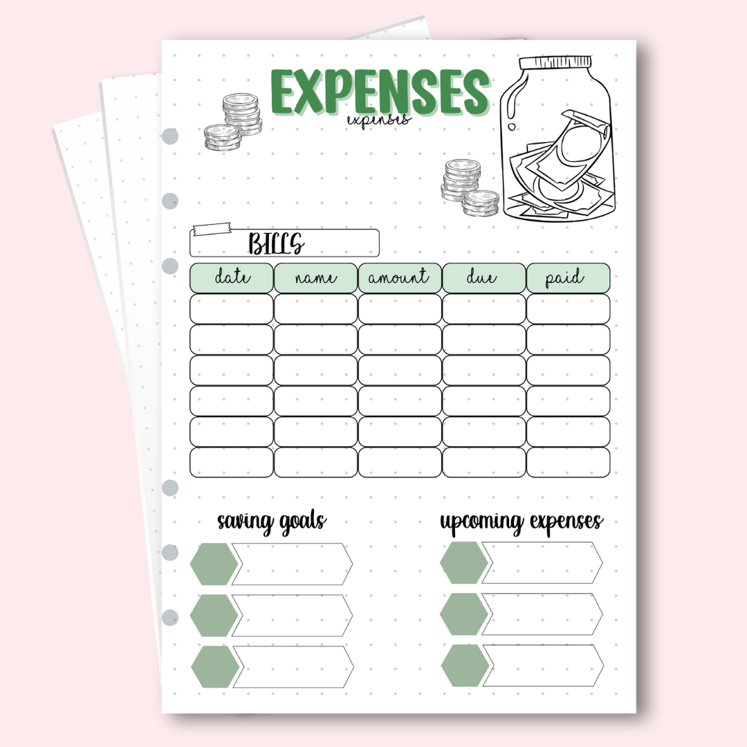 Expenses tracker page for budget binder journals