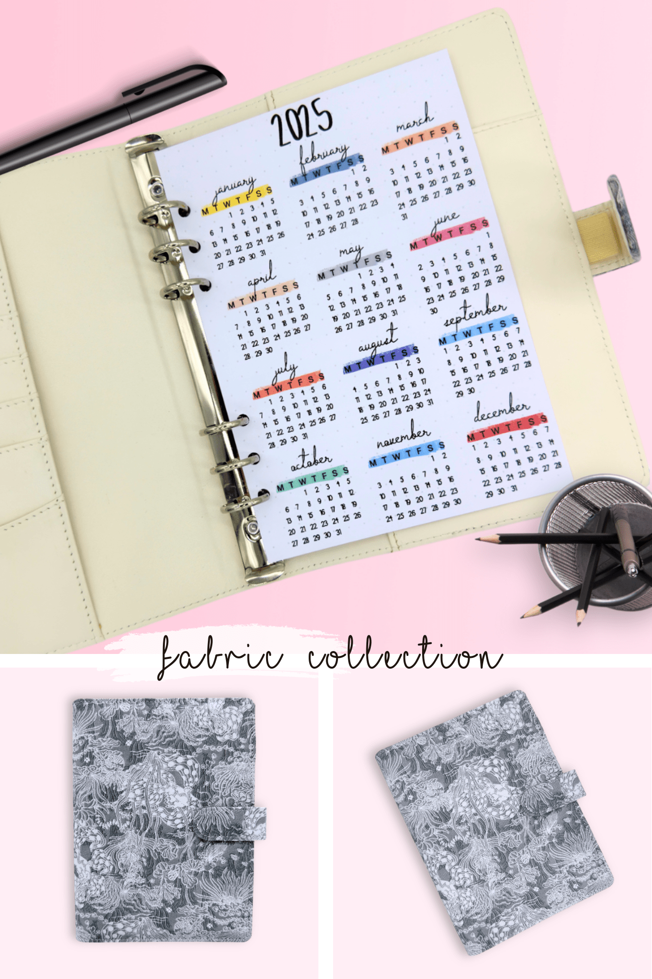 Fabric A5 bullet journal cover with lace detail and yellow PU leather interior