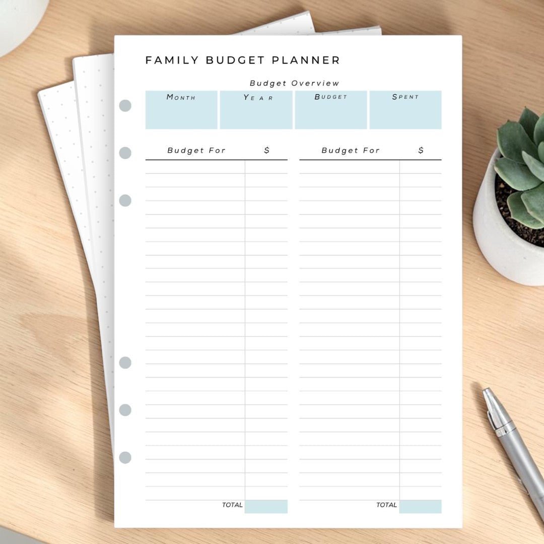 Family Budget Planner and finance overview A5 budget journal
pages open on wooden desk