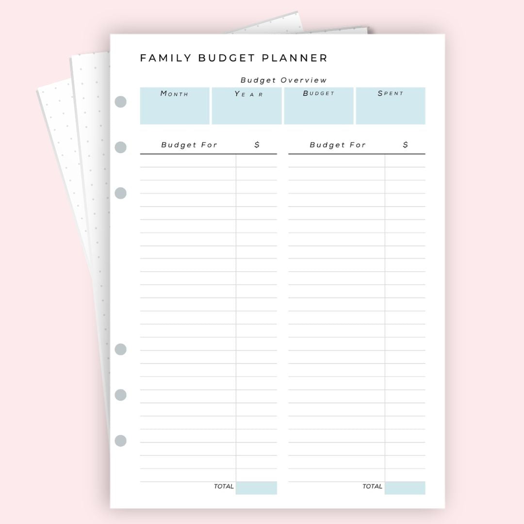 Family budget planner A5 page on pink — household income and
shared expenses tracker
