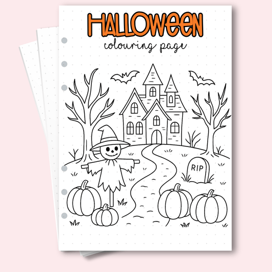 Festive October planner insert with haunted house and bats for colouring.