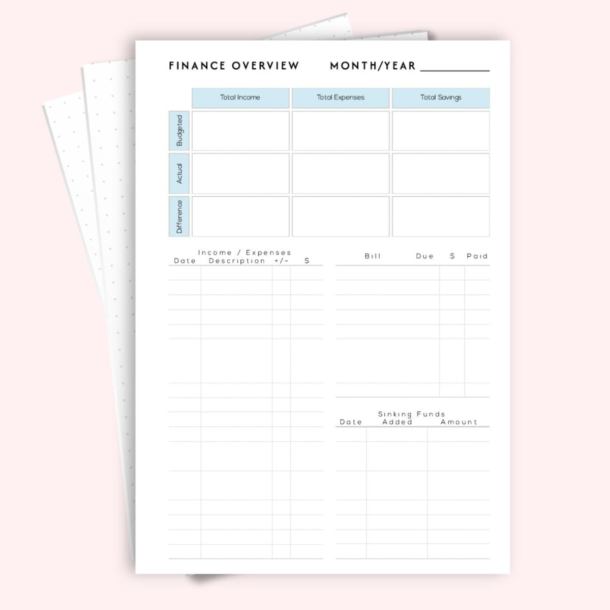 Finance overview A5 journal insert on pink — monthly income,
expenses and savings snapshot for 6-ring binder