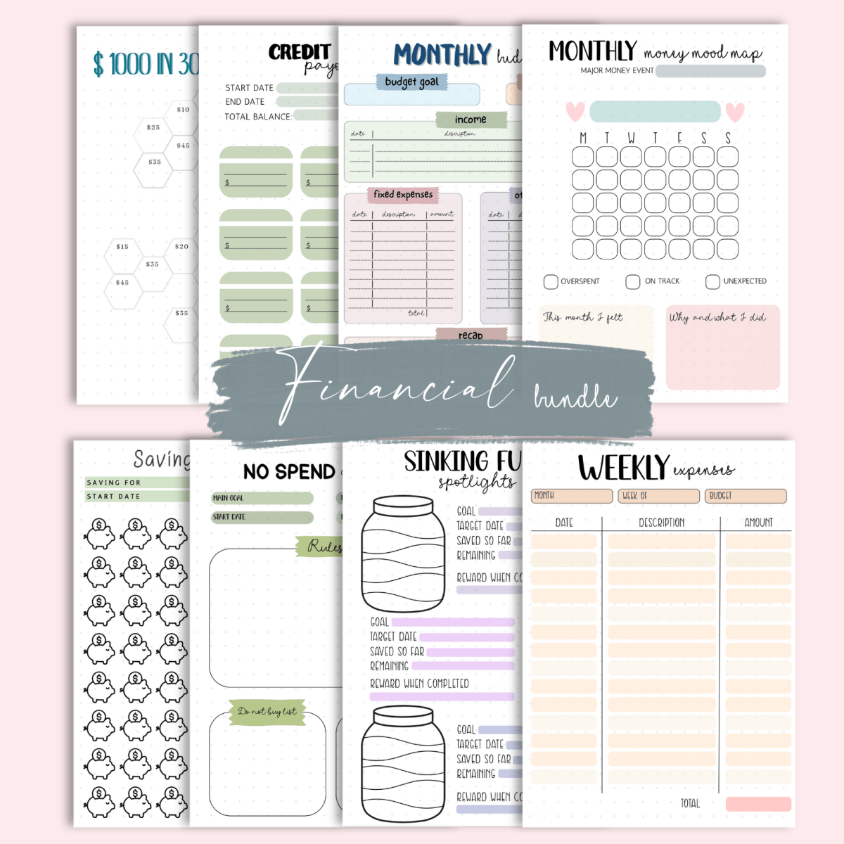 Financial bundle collection of 8 printable budget pages from Mindful Planners
