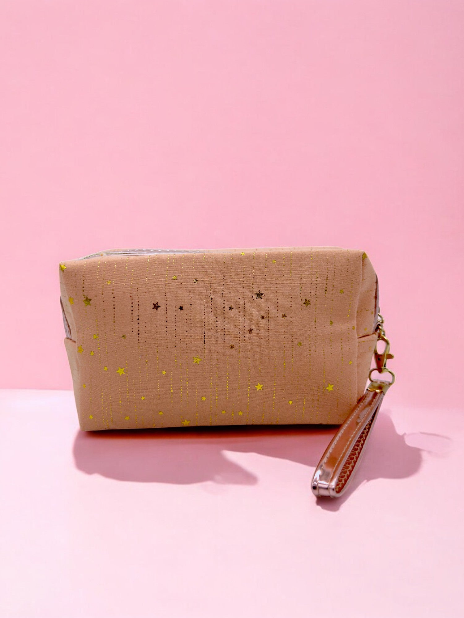 Front view Peach colour Waterproof pencil case that fits over 100 pens with durable zipper and stylish sparkle