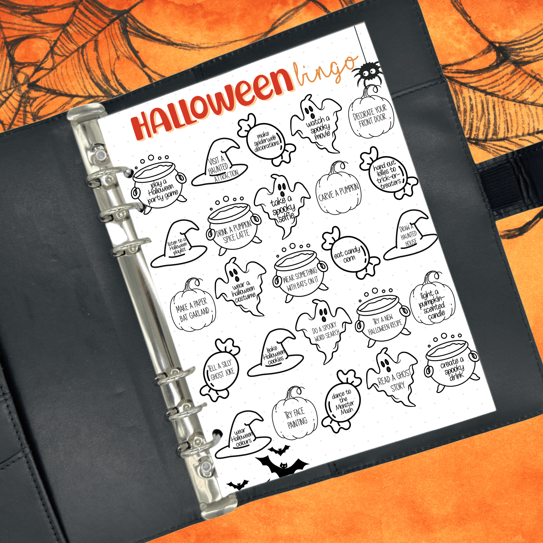 Fun Halloween bingo page for anxiety journals and stress relief planners.