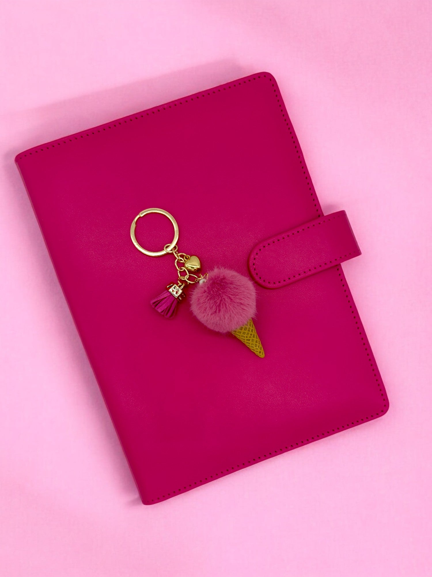Fuschia pink Fluffy ice cream cone keychain for your journal and keys