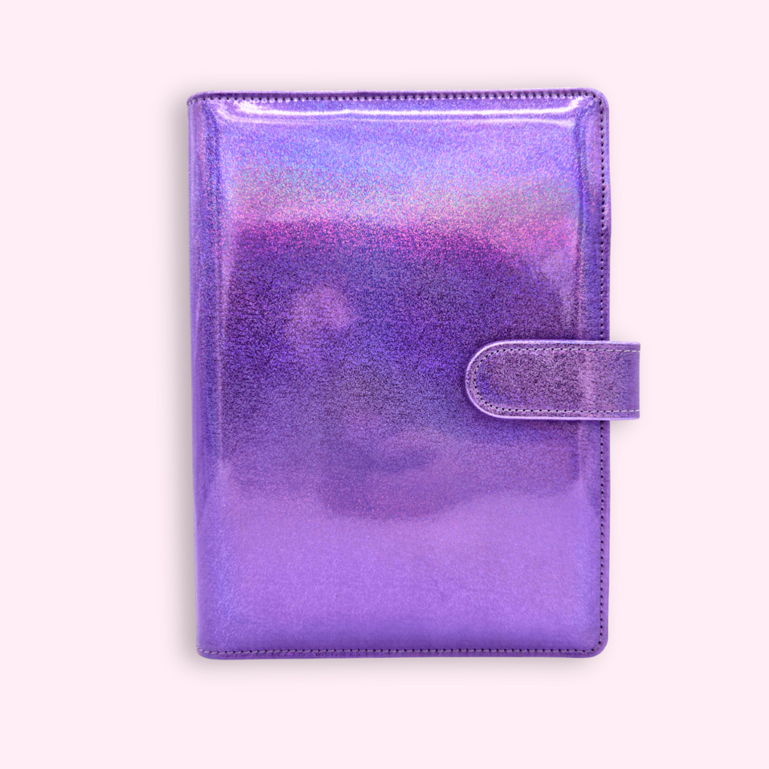 Glitter purple A5 bullet journal cover with rainbow shimmer and soft PU leather