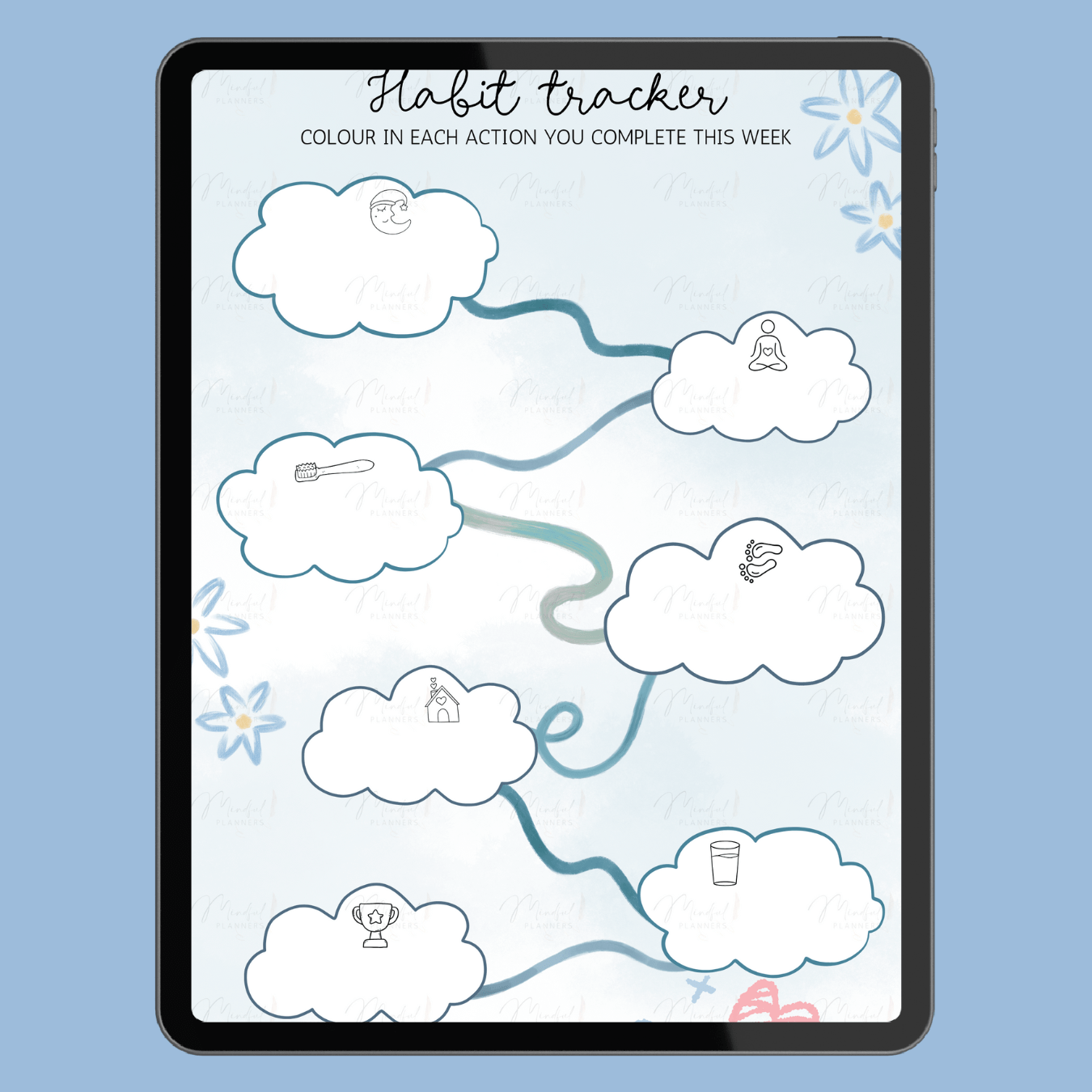Habit tracker on a tablet screen with a blue background
