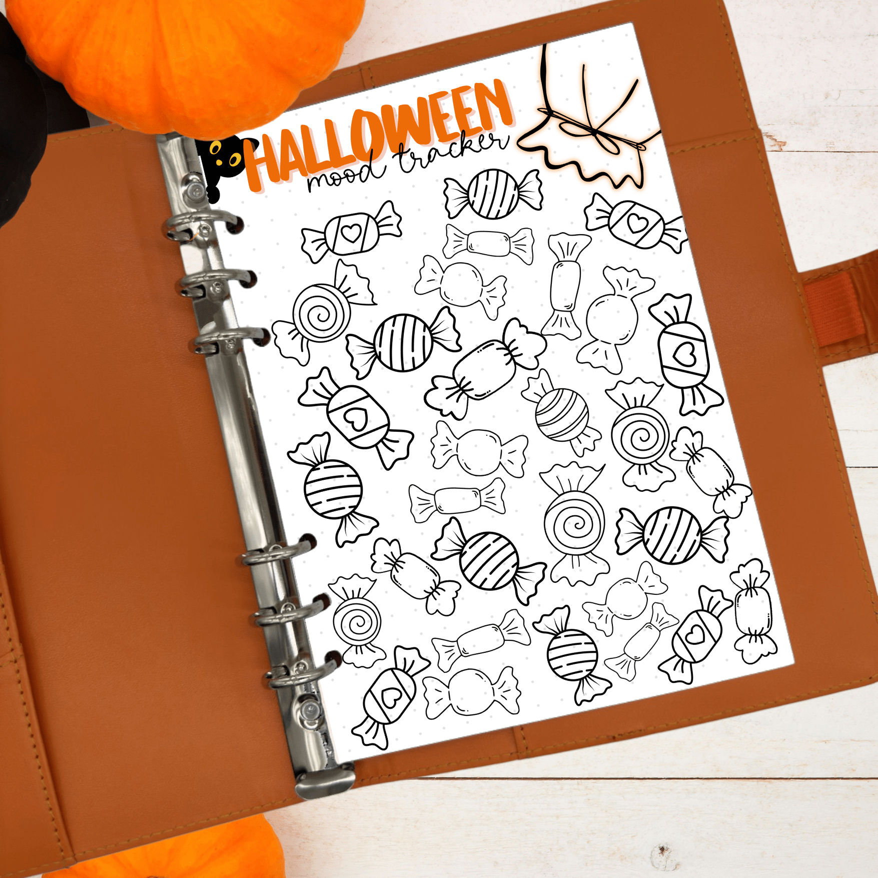 Halloween October mood tracker journal insert for A5 6-ring binder planners.