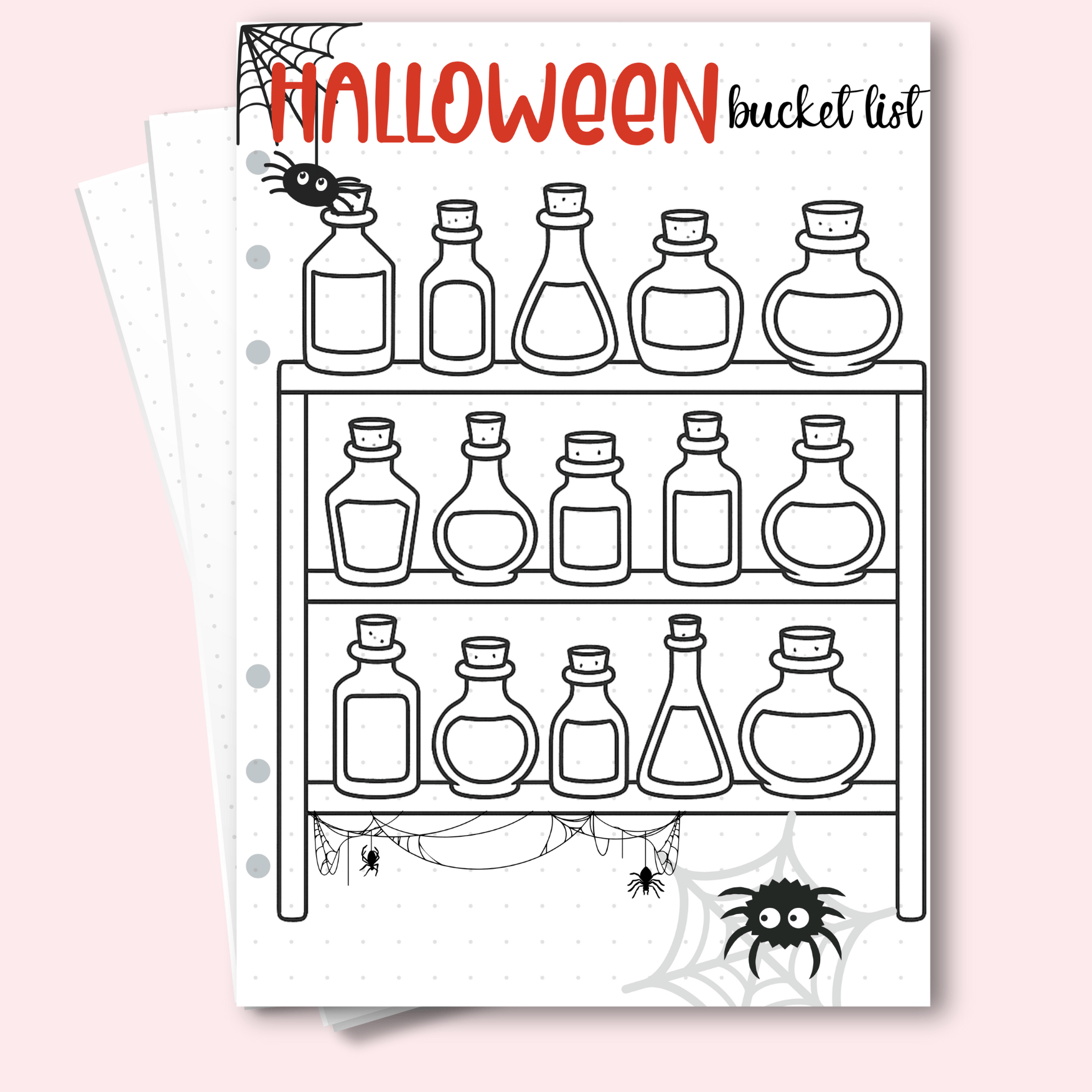 Halloween bucket list planner insert featuring colourable potion bottles and spiders.