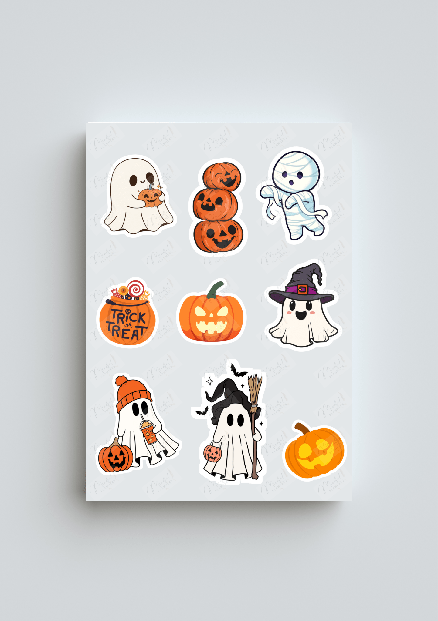 Set of Halloween-themed stickers on a white background