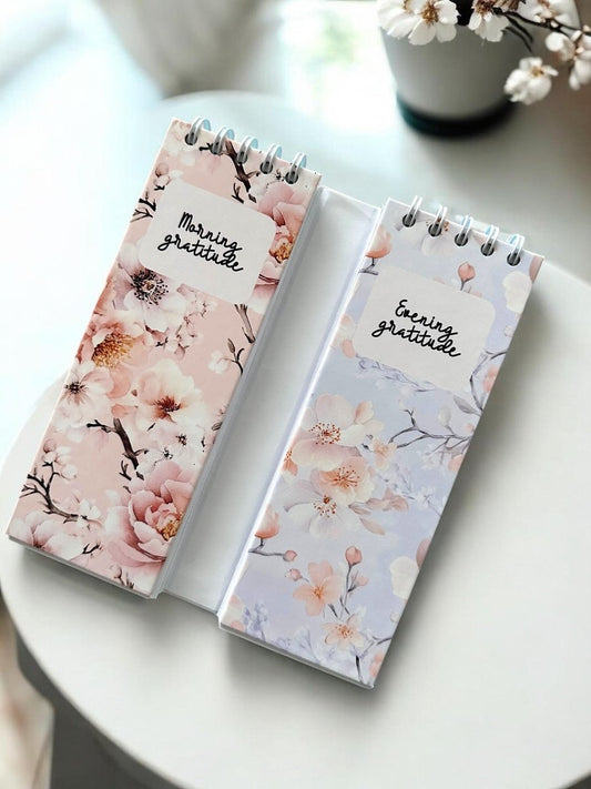 Handmade A5 gratitude notebook with floral cover and wire binding for daily mindful journaling