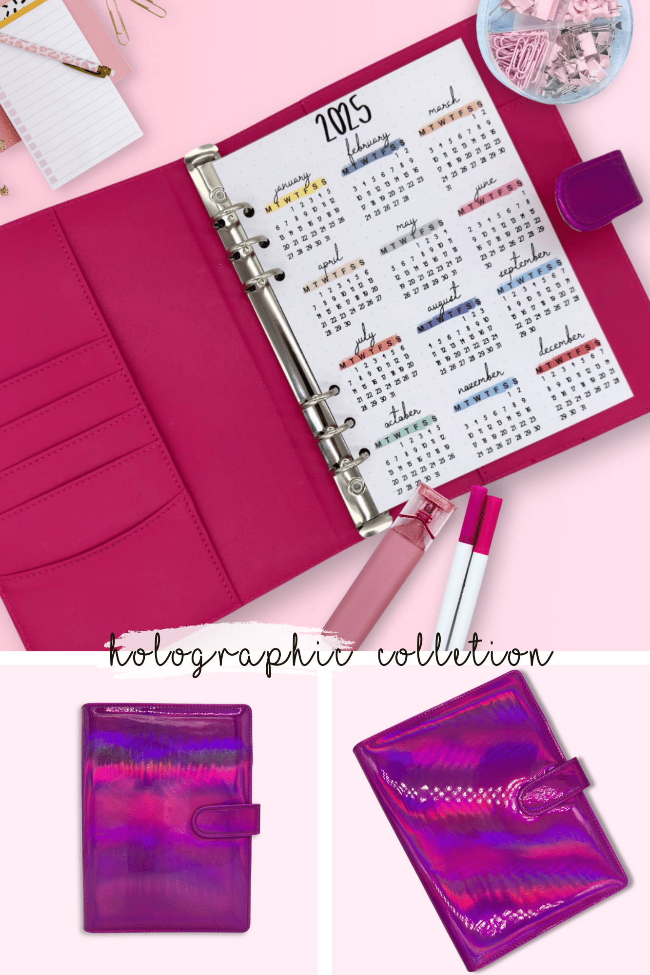 Holographic A5 bullet journal cover with rainbow effect and PU leather interior