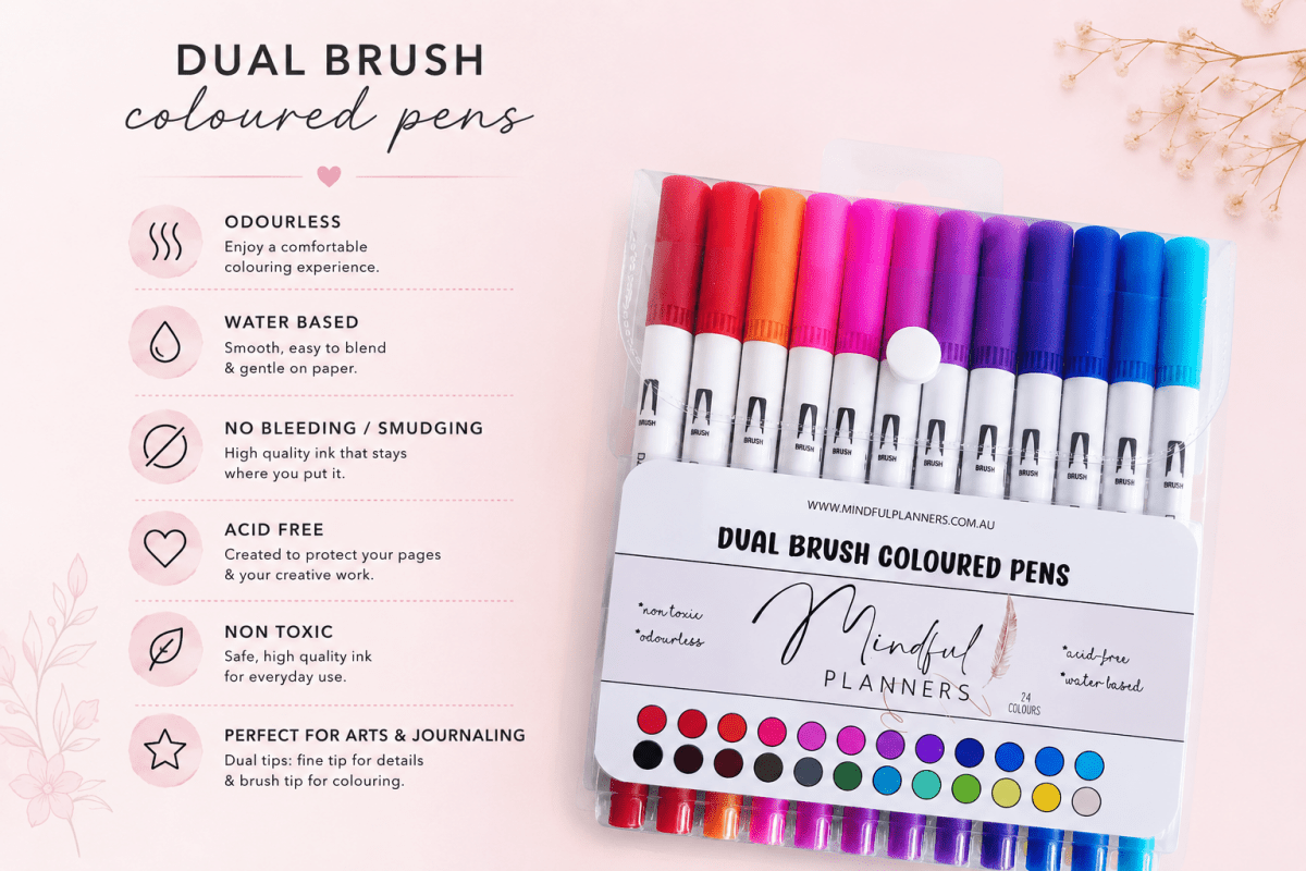 Dual Brush Pen Set – 24 Vibrant Colours for Journaling & Art