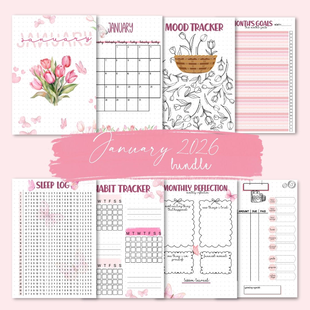 January 2026 A5 planner pages bundle featuring pink tulips and butterfly illustrations for mindful journaling