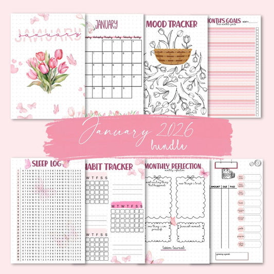 January 2026 A5 planner pages bundle featuring pink tulips and butterfly illustrations for mindful journaling